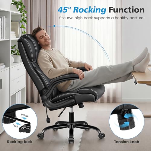 Stella Mia Ergonomic Office Chair – High Back Executive Leather Desk Chair with Inflatable Lumbar Support for Back Pain, Heavy-Duty Computer Desk Chair for Long Workdays, Black
