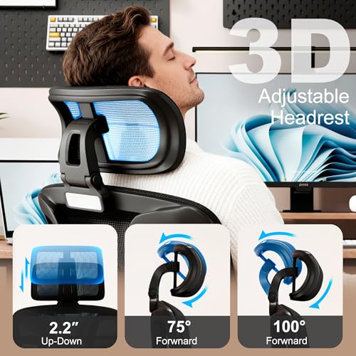 Vonesse Ergonomic Office Chair with Footrest, Desk Chairs with Adjustable 3D Headrest and Armrests, Computer Gaming Chair with Dynamic Lumbar Support & Adjustable Depth Breathable Mesh Seat (Black)