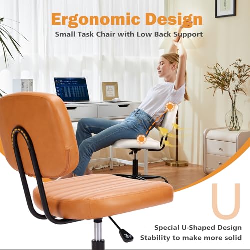 Sweetcrispy Small Office Desk Chair - Armless PU Leather with Comfy Lumbar Support, Height Adjustable Rolling Swivel Task for No Arms, for Adult, Student, Bedroom, Home, Vanity, Brown