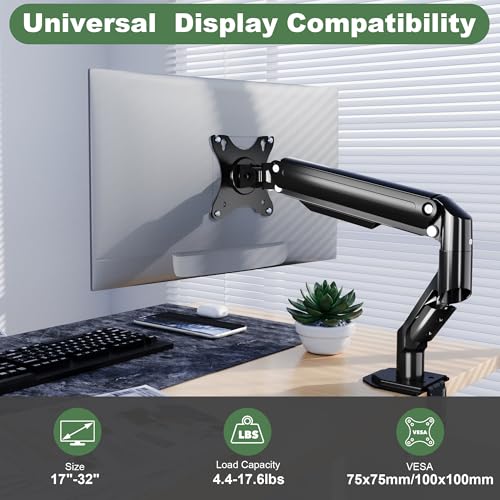 UPGRAVITY Single Monitor Mount Arm for 17" to 32" Computer Screen, Mechanical Spring Adjustable Monitor Desk Mount Stand Holds up to 17.6 lbs, C-Clamp & Grommet Base, max. VESA 100x100mm