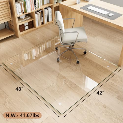 Tempered Glass Chair Mat for Carpet & Hard Floor, 42"x48" Office Chair Mat - Heavy Duty & Scratch Resistant, Non-Slip Pads, Rounded Corners & Polished Edges