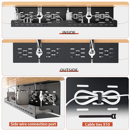 Univivi Under Desk Cable Management Tray - 32" Steel Cord Organizer, No-Drill C-Clamp & Screw Mount for Office/Home, Effortless Wire Management (Black)