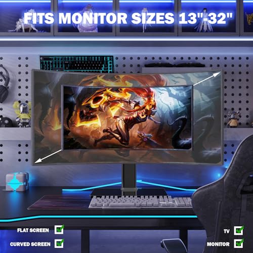 Single LCD Computer Monitor Free-Standing Desk Stand Mount Riser for 13 inch to 32 inch screen with Swivel, Height Adjustable, Rotation, Vesa Base Stand Holds One (1) Screen up to 77Lbs(HT05B-001))
