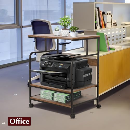 GCCSJ Large Printer Stand，3 Tier Printer Cart with Adjustable Storage Shelf，23.6 x18.9 x 29.5 inches Printer Stand for Home Office, Stands for Heat Press Scanner Fax, Industrial Style, Brown