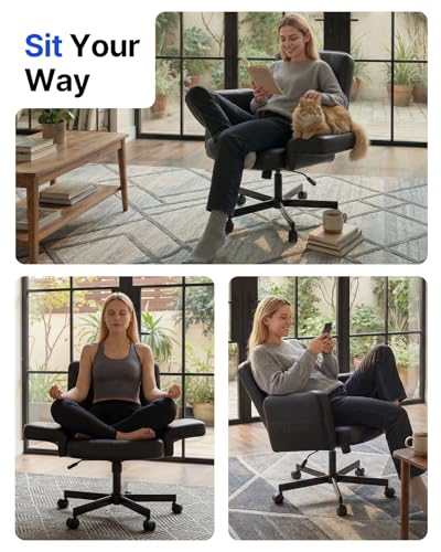 HUANUO Criss Cross Chair with 6-Point Adjustable Armrests, Pet-Friendly Criss Cross Office Chair, Comfortable Cross Leg Chair with Wide Seat, Durable PU Leather, Side Storage Pocket, Easy Assembly