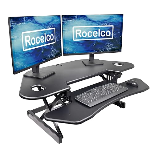 Rocelco 46" Height Adjustable Corner Standing Desk Converter - Quick Sit Stand Up Dual Monitor Riser - Gas Spring Assist Tabletop Computer Workstation - Large Keyboard Tray - Black (R CADRB-46)