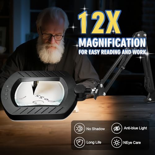 12X Square Magnifying Glass with Light and Stand with 144 LEDs Brightness, 5 Color Modes Hands Free Lighted Magnifying Glass, 10 Dimmable Brightness Magnifying Desk Lamp for Close Work Craft Reading