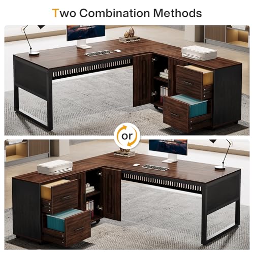 Tribesigns 63-Inch L-Shaped Executive Desk with Mobile File Cabinet, Large Office Computer Desk, Business Furniture Table with Drawers and Storage Shelves for Home Office, Dark Walnut & Black