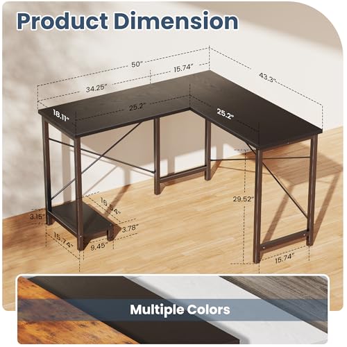 DUMOS L Shaped Desk, Computer Gaming Desks Corner Office Table with CPU Shelf for Home Study Writing Work Station 50 Inch, Sturdy Modern Design, Ideal for PC Setup, Study, and Home Office Use, Black