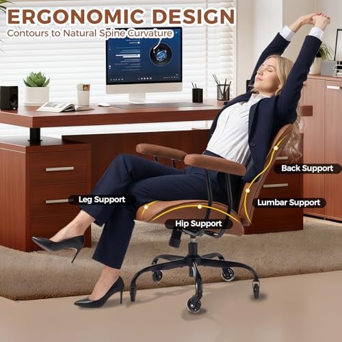 BEWISHOME Brown Leather Office Chair – Features Rubber Wheels