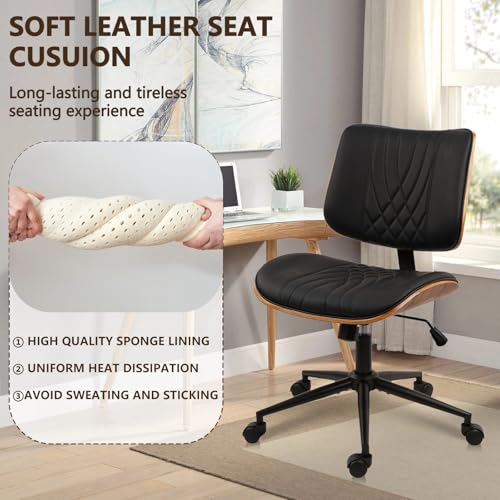 CLATINA Armless Home Office Chair, Desk Chair with Wheels, Adjustable Height Reading Chair, Leather Mid Back & Swivel Computer, Modern Walnut Chairs with Back for Study Meeting Room(Black) 4Pack