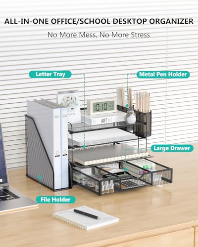 WALI Bundles- Computer Monitor Wall Mount and Desk File Organizer, 4 Tier Desktop Paper Letter Tray Organizer with Drawer and 2 Pen Holders (GSWM001+DO005DH-B)