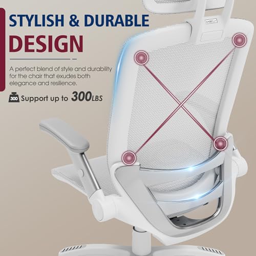 GABRYLLY Ergonomic Office Chair, High Back Home Desk Chair with Headrest, Flip-Up Arms, 90-120° Tilt Lock and Wide Cushion, 300LBS Mesh Chairs for Man Woman, White Task Chair(Grey,GY01WG)
