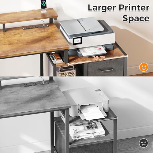 AODK Computer Desk with Printer Storage Shelf, 56 Inch Office Desk with Drawers & Power Outlet, Reversible Desk Space-Saving Workstation with Individual PC Stand, Rustic Brown