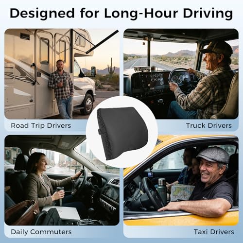 TISHIJIE Lumbar Support Pillow for Car & Office Chair - High-Density Memory Foam Back Cushion for Sciatica & Lower Back Pain Relief - Non-Slip Support for Long Commutes & Desk Workers (Black)