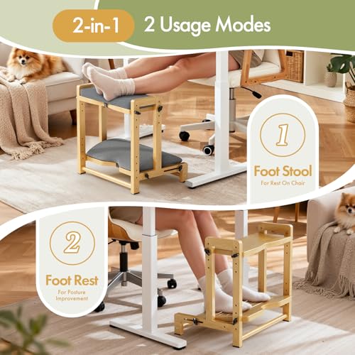 Atoping Double Step Foot Rest Under Desk, Adjustable Wooden Desk Foot Rest with 4 Heights, Ergonomic Foot Stool with Cushion for Office, Gaming & Study (Natural Color)