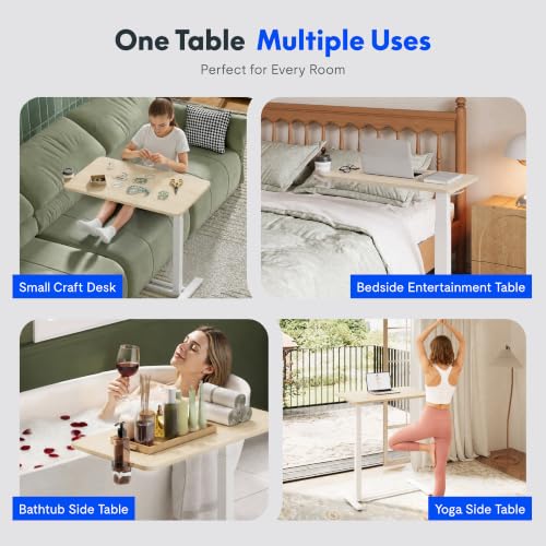 FLEXISPOT H7 Adjustable Overbed Bedside Table with Wheels Pneumatic Mobile Standing Desk Laptop Desk Rolling Computer Cart Movable Overbed Table Hospital Home Use(31.5" W x 17.7" D, White Wood Grain)