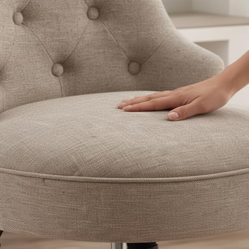 HUIMO Home Office Chair Upholstered Armless Linen Fabric Desk Chair with Wheels Adjustable Height Computer Desk Chair with Wooden Legs No Arms Swivel Chairs for Farmhouse Women Study Studio (Brown)