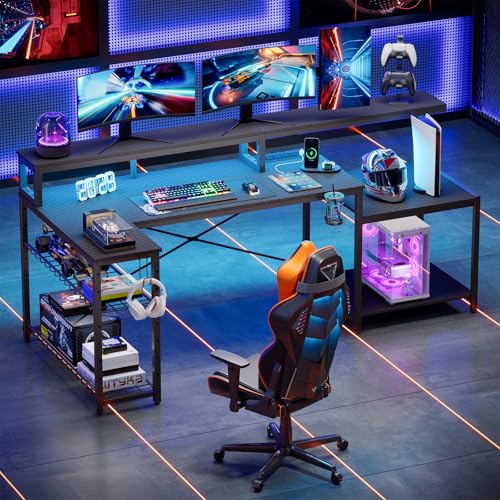 Bestier LED Gaming Desk with Power Outlets, 71 inch L Shaped Computer Desk with Monitor Stand, Large Desk with Printer Stand Adjustable Shelf, Cup Holder & Hooks, Home Office Desk Black
