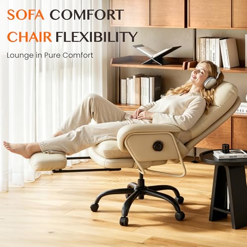 FLEXISPOT Multi-Task Ergonomic Office Chair with Footrest Computer Desk Chairs Indoor Lounge Chair with 90-165° 4-Level Reclining, Chairs for Working Relaxing Sleeping, PU Leather+Iron Base, White