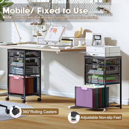 Sbanmao Rolling File Cart with 4 Storage Drawers, Mobile File Cabinet with Wheels, Hanging File Organizer, Under Desk Printer Stand Utility Cart Filing Cabinet for Home Office, Black