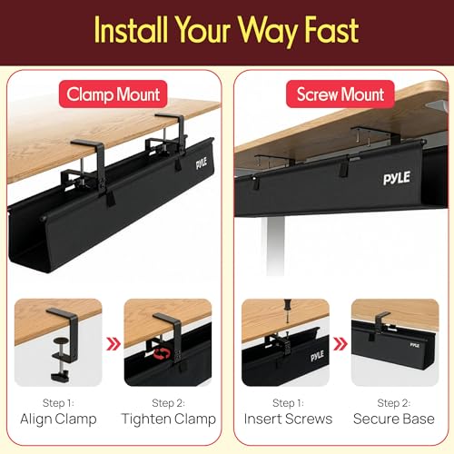 Pyle 48" Under Desk Cable Management Tray, Under Desk Wire Organizer with Clamp or Screw Mount, Desk Cable Organizer with Fabric Design for Large Workstations, Built-in Ties, 20 lb Capacity, Black
