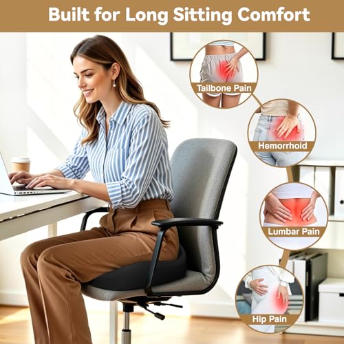 TushGuard Ergonomic Seat Cushion with Coccyx Cutout - 4-Zone Structure Office Chair Cushions for Tailbone Pressure Relief, Non-Slip Chair Pad with Washable Cover for Car, Office, Wheelchair, Black