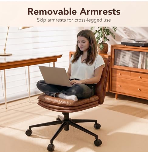 Sucrever Brown Leather Office Chair with Triple-Layer Seat, Home Desk Chair