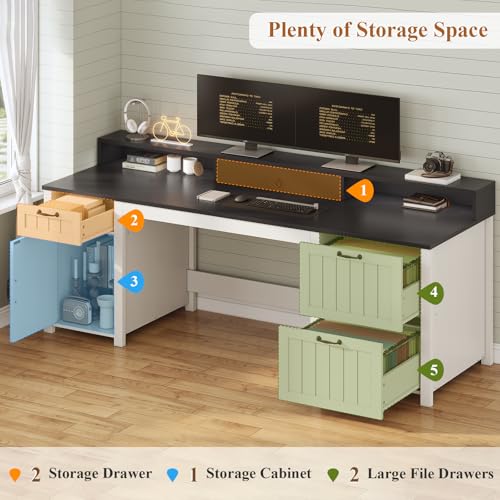 SEDETA Farmhouse 63" Executive Desk, Home Office Desk with File Drawer and Monitor Stand, Computer Desk with Drawers and Storage Cabinet, Wood Desk for Work Study Writing, White