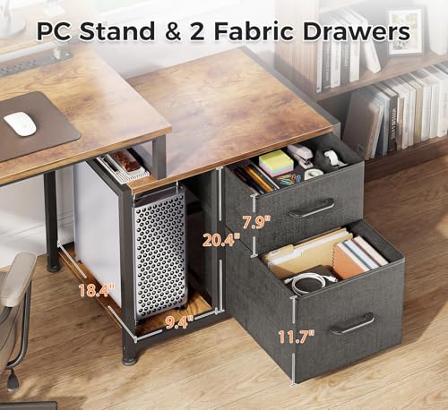 AODK Computer Desk with Printer Storage Shelf, 56 Inch Office Desk with Drawers & Power Outlet, Reversible Desk Space-Saving Workstation with Individual PC Stand, Rustic Brown
