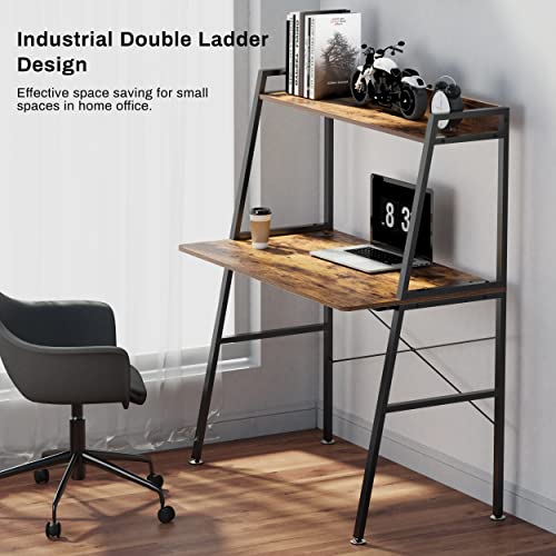 EUREKA ERGONOMIC,43 Inch 2-Tier Home Office Students Study Writing PC Gaming Table with Bookshelf Small Computer Ladder Desk with Storage Shelves,Modern Workstation for Space Saving, Rustic Brown