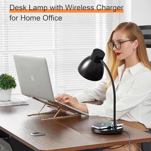 Vicsoon Desk Lamps for Home Office - LED Desk Lamp with Wireless Charger, 3 Color Modes Dimmable Eye-Caring Study Reading Desk Light, Small Flexible Arm Table Lamp for College Dorm Room Bedside, Black