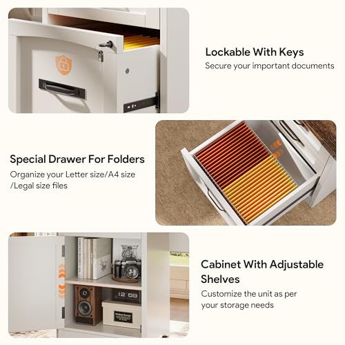 Decofy 67" Farmhouse L Shaped Standing Desk with Drawers Home Office Executive Desks with Fast Charging Station, Lockable File Cabinet, Wood Writing Computer Desk for Work, Study, White