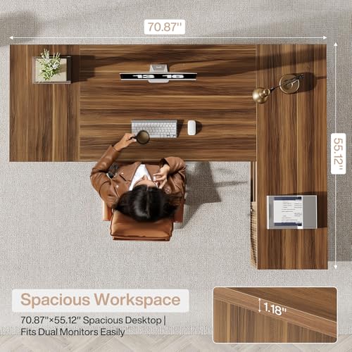 Tribesigns 70.8-Inch Executive Desk, L-Shaped Desk with with File Cabinet, Large Modern Office Desk with Storage Shelves, Fluted Business Furniture Workstation for Home Office, Walnut Brown