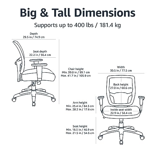 Amazon Basics Big and Tall Mesh Office Chair with Adjustable Armrests, Lumbar Support, Adjustable Height, 400lbs Capacity, Black
