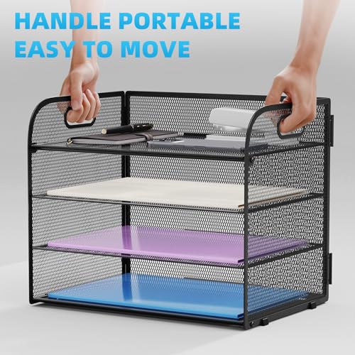 Marbrasse 4 Tier Paper Organizer Letter Tray - Mesh Desk File Organizer with Handle, Paper Sorter Organizer for Letter/A4 Office File Folder Holder (Black, 12.6" x 9.1" x 10.7")