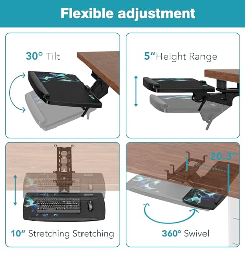 LLDEPLL Keyboard Tray Under Desk with Storage Drawer, Height Adjustable Keyboard Tray Slide Out 360° Swivel Tilt, Ergonomic Under Desk Mount Keyboard & Mouse Pad Lighting for Gaming Home Office