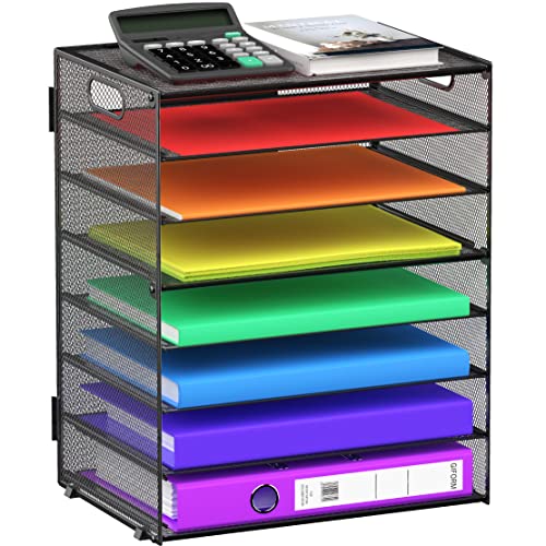 8 Tier Paper Letter Tray Organizer with Handles, Mesh Desk File Holder Storage Organization for Home School Classroom & Office (Black)
