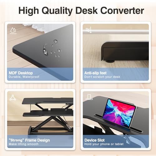 JYLH JOYSEEKER Standing Desk Converter 32 inch, Height Adjustable Sit Stand Desk Riser, Quick Sit to Stand Tabletop Dual Monitor Riser Workstation for Home Office with Keyboard Tray, Black