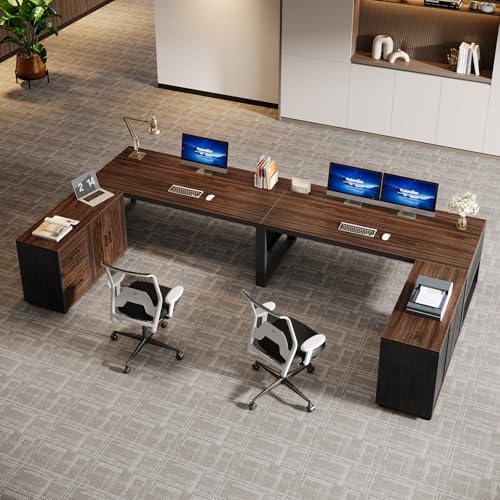 Tribesigns 63-Inch L-Shaped Executive Desk with Mobile File Cabinet, Large Office Computer Desk, Business Furniture Table with Drawers and Storage Shelves for Home Office, Dark Walnut & Black