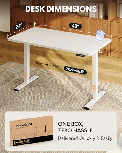 FLEXISPOT EN1 One-Piece Standing Desk, 48"x24" Seamless Desktop Electric Height Adjustable Desk for Home Office, Multi-Monitor Setups & Easy Assembly, White