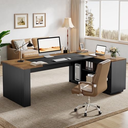 Tribesigns 78" L Shaped Executive Desk with Drawers, Large Office Computer Desk with Cabinet and Storage Shelves, Modern Business Furniture Sets Workstation for Home Office (Brown&Black)