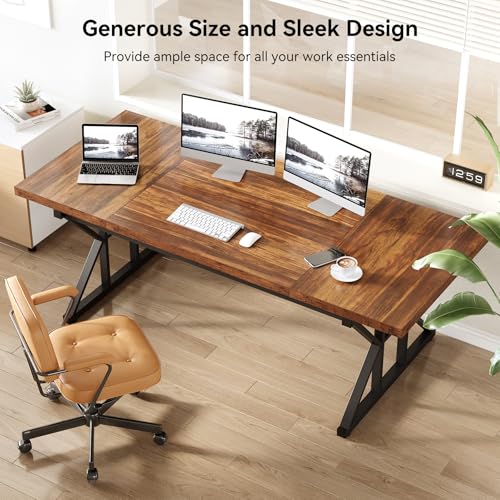 LITTLE TREE 70.8-Inch Office Desk, Wooden Executive Office Desk, Modern Work Desk, Large Farmhouse Writing Table Computer Desk for Home, Brown-Black