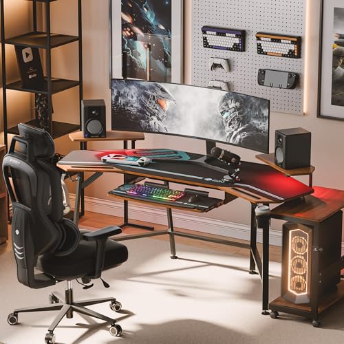 EUREKA ERGONOMIC 72" Gaming Desk W Keyboard Tray, Wing-Shaped Music Studio Desk, Large Computer Table W LED Convertible Monitor Stand Dual Headphone Hanger for Recording Live Streamer, Walnut Wood