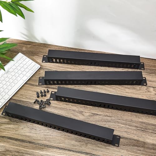 Leinuosen 4 Pcak 1U 19'' Cable Manager 24 Slot Horizontal Rack Mount Wire Management Server Rack Management Metal Finger Duct Wire Organizer with Cover and Mounting Screws for Network Cabinet
