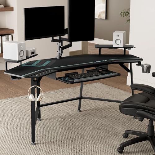 EUREKA ERGONOMIC Aero 72 Inch Gaming Desk with Keyboard Tray, Large Computer Desk Led Lights, Wing-Shaped Monitor Stand Dual Headphone Hanger Cup Holder for Studio,Streamer,Live,Black