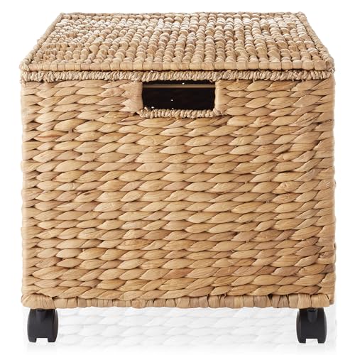 Casafield Rolling Filing Cabinet, Natural - Water Hyacinth File Organizer with Lid and Locking Wheels, Home Office Storage for Hanging Folders