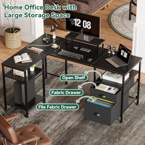 Furologee L Shaped Gaming Desk with Power Outlet, Corner Computer Desk for Home Office, Reversible 50 Inch Work Study Table with File Drawer, Monitor Stand, Storage Shelves, Black
