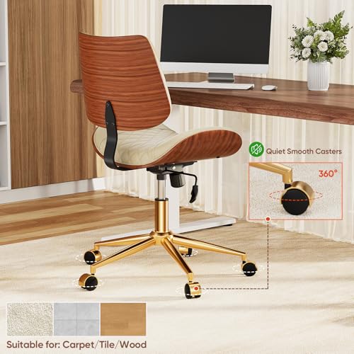 FervorFurn Home Office Desk Chair with Swivel Wheels, Modern PU Leather Armless Office Chair, Small Mid Back Computer Chair for Home Office, Reading Meeting Room (Beige, Gold Wheels)