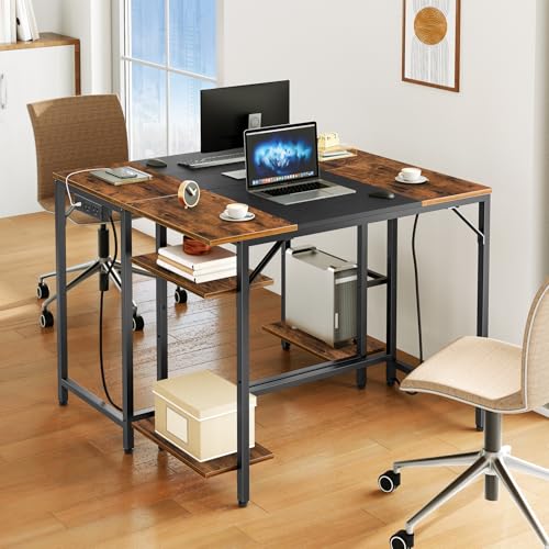 HOOBRO Small Computer Desk, Home Office Desk with Power Outlet, Writing Desk with 2 Shelves, Modern Small Desk for Home Office, Study, Easy to Assemble, Rustic Brown and Black BF43UDN01